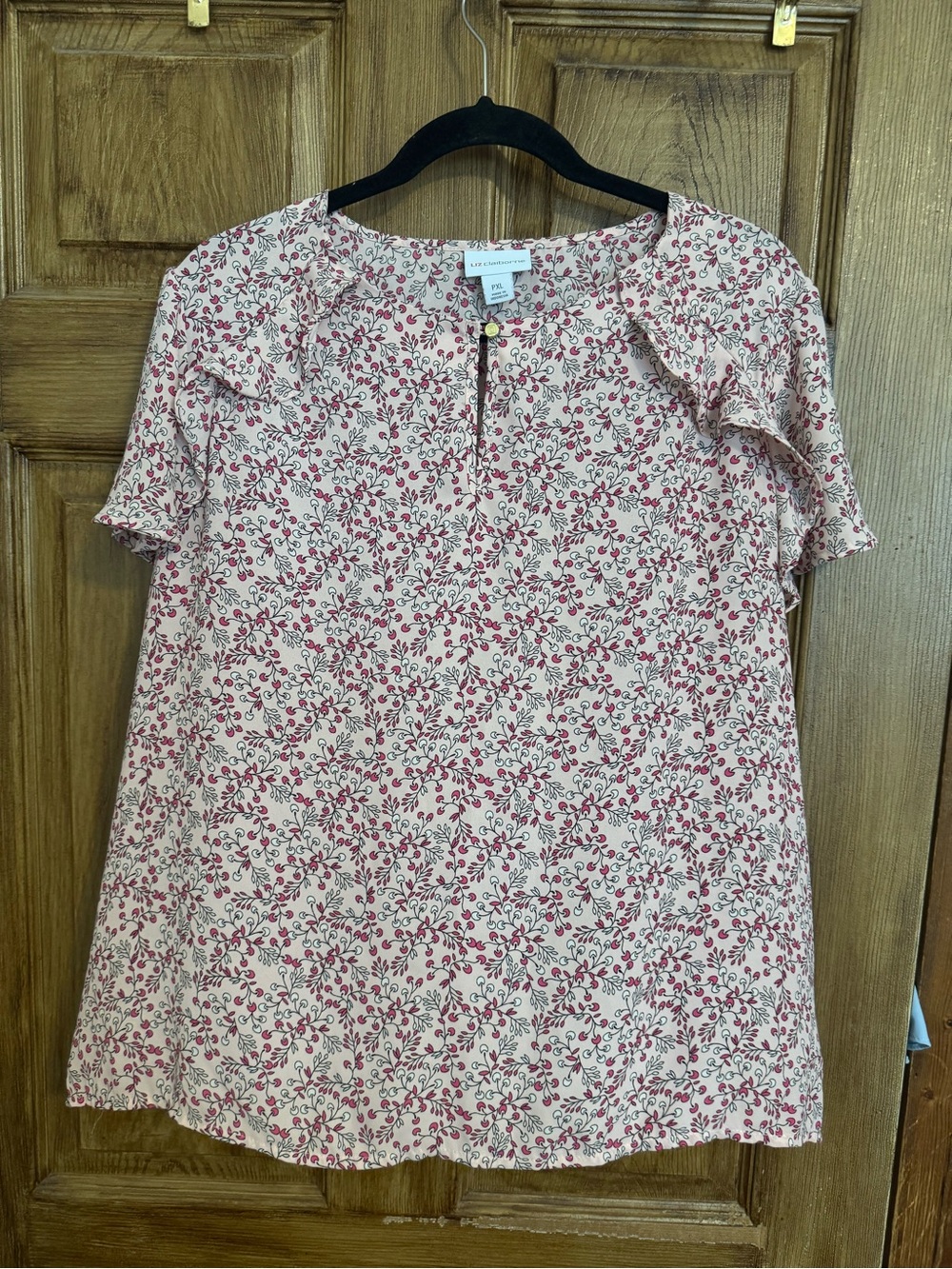 Liz Claiborne Light Pink Blouse with Dark Pink Floral Print and Ruffle Sleeves